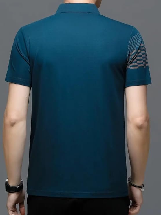 Men's Irregular Geometric Pattern and Alphabet Print Sports Collar Tshirt (Rizim Temu Print Polo-Blue) - Image 3