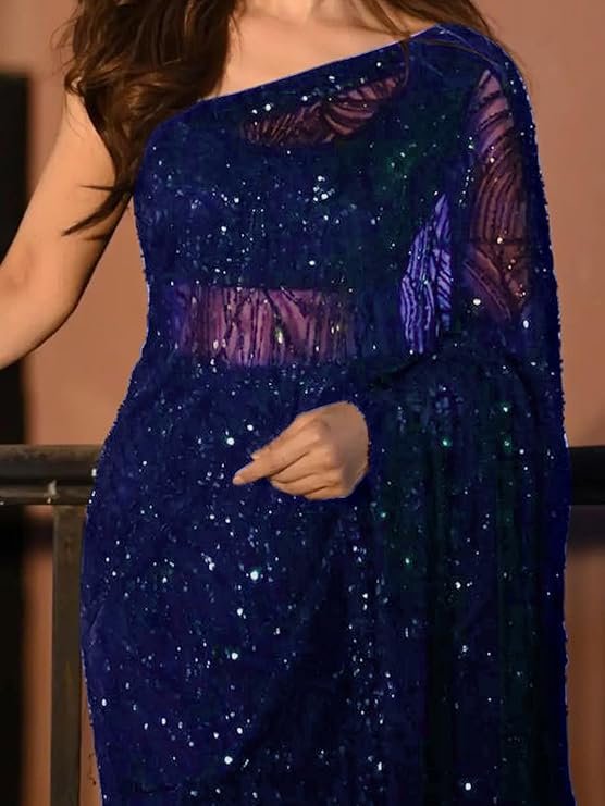 AKHILAM Women's Heavy Georgette Sequence Work Saree With Unstitched Blouse Piece - Image 6