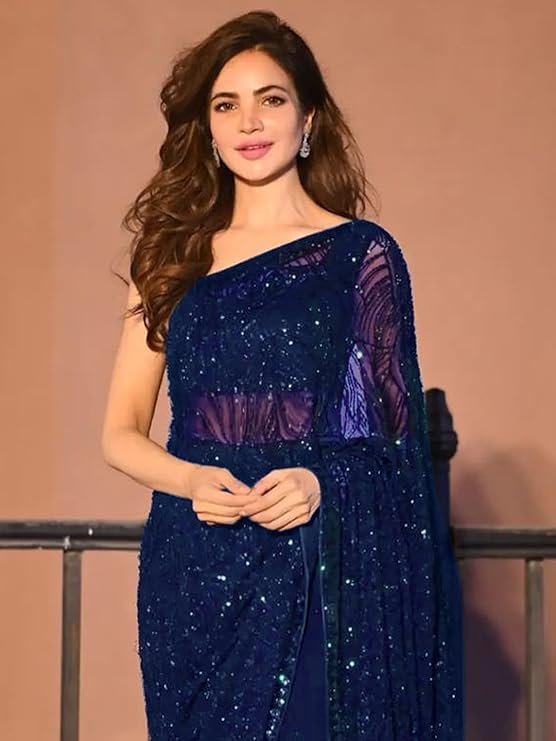 AKHILAM Women's Heavy Georgette Sequence Work Saree With Unstitched Blouse Piece - Image 4