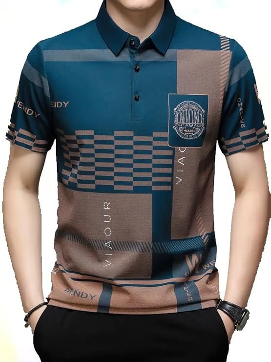 Men's Irregular Geometric Pattern and Alphabet Print Sports Collar Tshirt (Rizim Temu Print Polo-Blue)