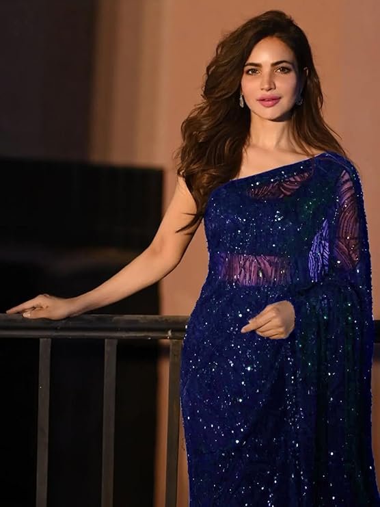 AKHILAM Women's Heavy Georgette Sequence Work Saree With Unstitched Blouse Piece - Image 2