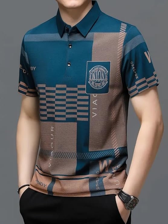 Men's Irregular Geometric Pattern and Alphabet Print Sports Collar Tshirt (Rizim Temu Print Polo-Blue) - Image 4