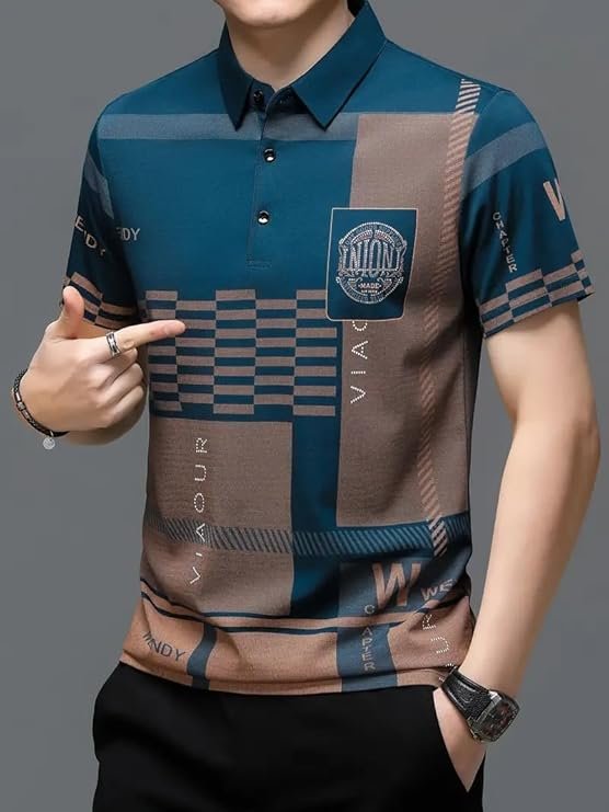 Men's Irregular Geometric Pattern and Alphabet Print Sports Collar Tshirt (Rizim Temu Print Polo-Blue) - Image 5