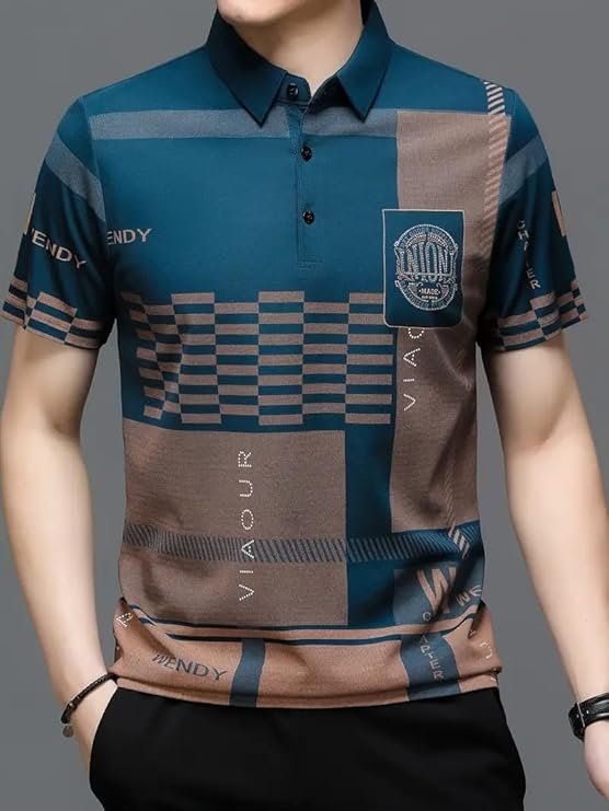 Men's Irregular Geometric Pattern and Alphabet Print Sports Collar Tshirt (Rizim Temu Print Polo-Blue) - Image 2