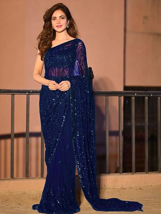 AKHILAM Women's Heavy Georgette Sequence Work Saree With Unstitched Blouse Piece - Image 3