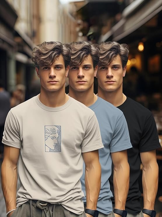 BULLMER Trendy Printed Cotton Blend Crew Neck/Round Neck Half Sleeve Tshirt for Men - Pack of 3