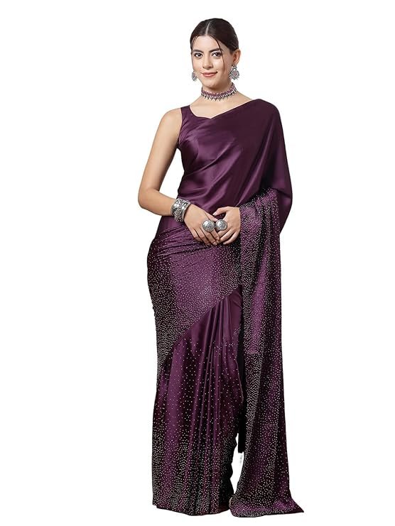 SIRIL Women's Satin Silk Hot Fixing Stone Work Saree with Unstitched Blouse