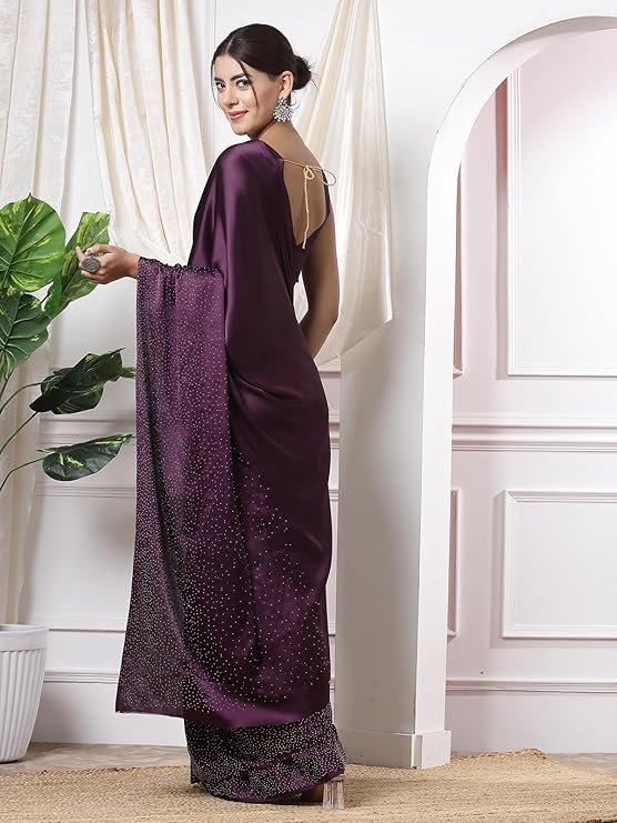 SIRIL Women's Satin Silk Hot Fixing Stone Work Saree with Unstitched Blouse - Image 4