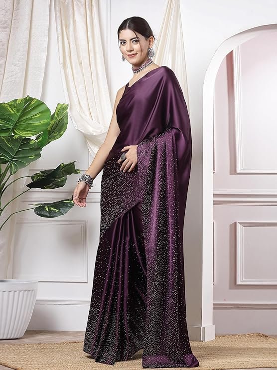SIRIL Women's Satin Silk Hot Fixing Stone Work Saree with Unstitched Blouse - Image 5