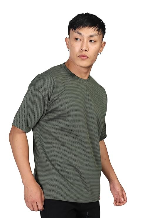 SHODOX Mens Solid Dotted Unique Design Oversized Tshirt for Men - Round Neck Loose Fit Drop Shoulder Mens T-Shirt - Image 2