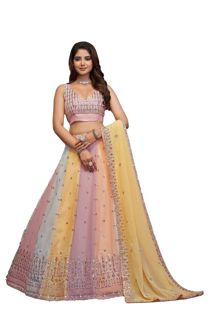 Jihu Culture Women'S Georgette Multi Lehenga Choli Embroidered Chnaiya Choli | Finish Type: Semi-Stitched | Size: Semi Sttiched
