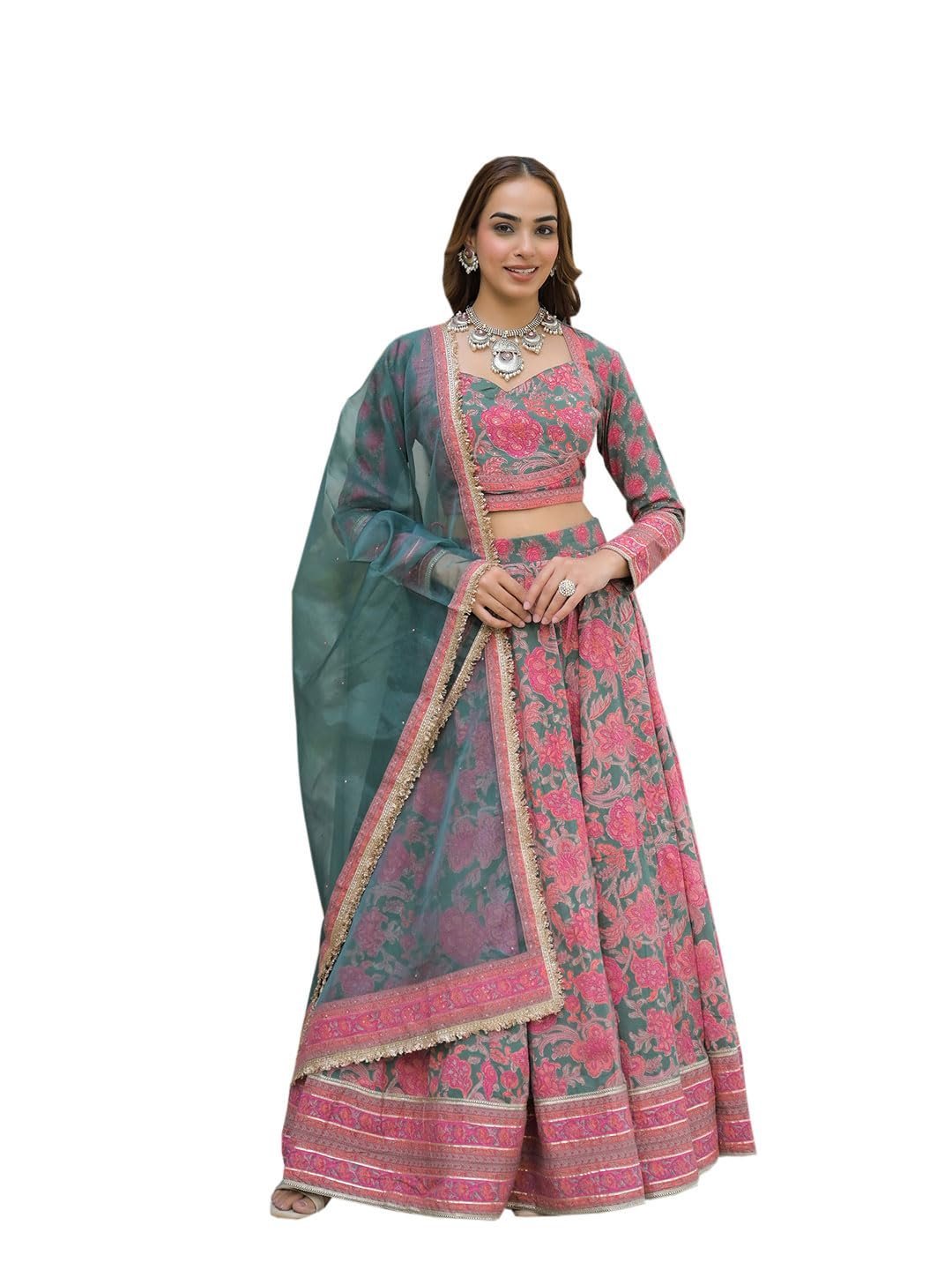Divena Green Printed Cotton Lehenga with Choli and Dupatta