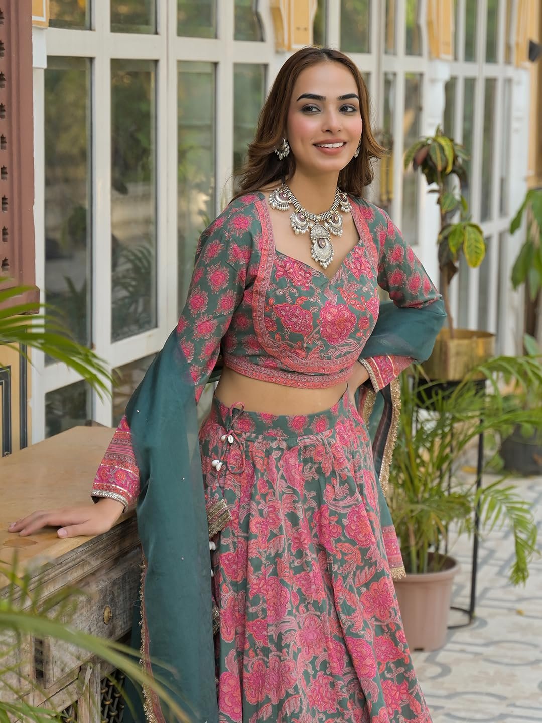 Divena Green Printed Cotton Lehenga with Choli and Dupatta - Image 2