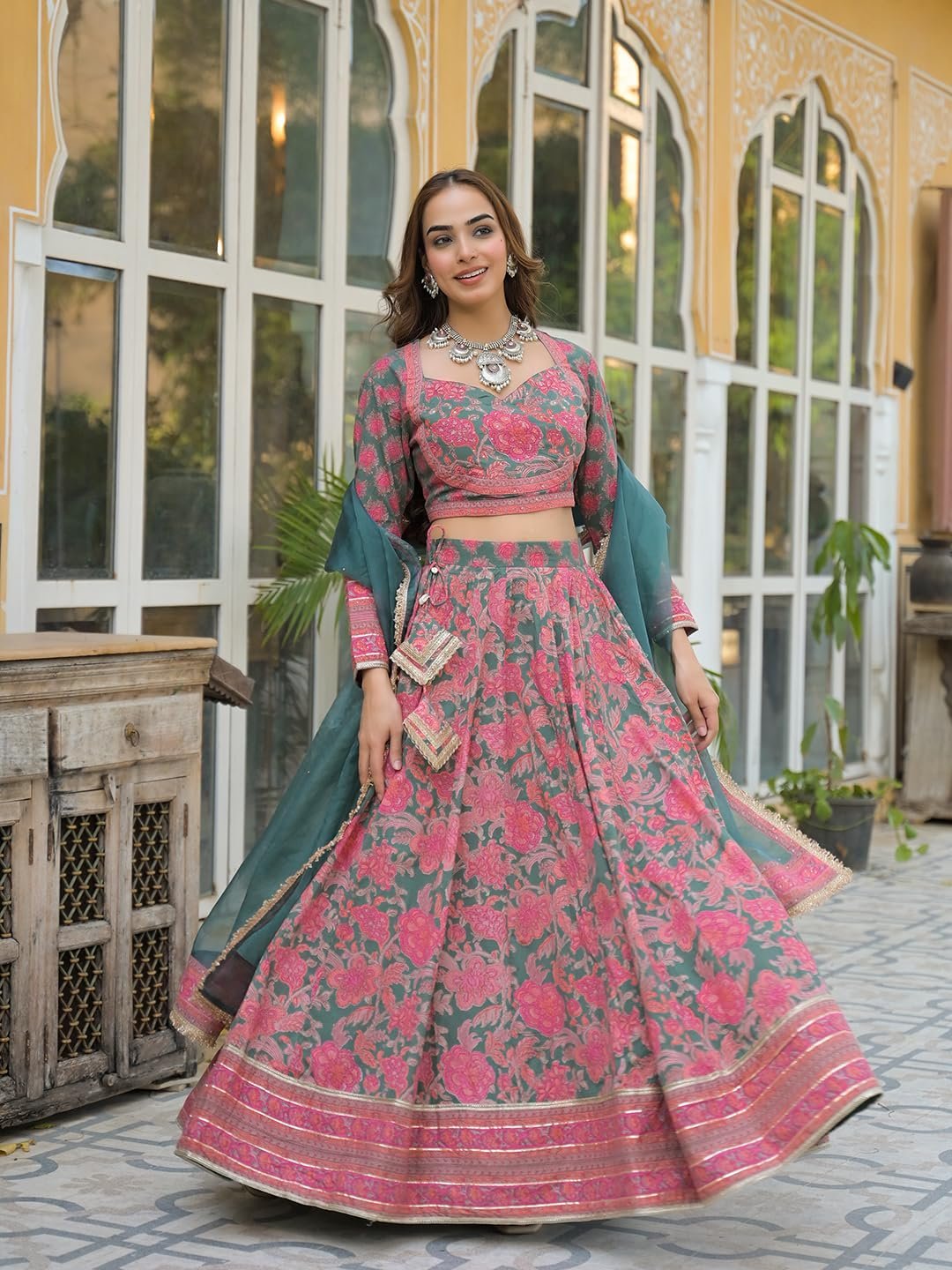 Divena Green Printed Cotton Lehenga with Choli and Dupatta - Image 8