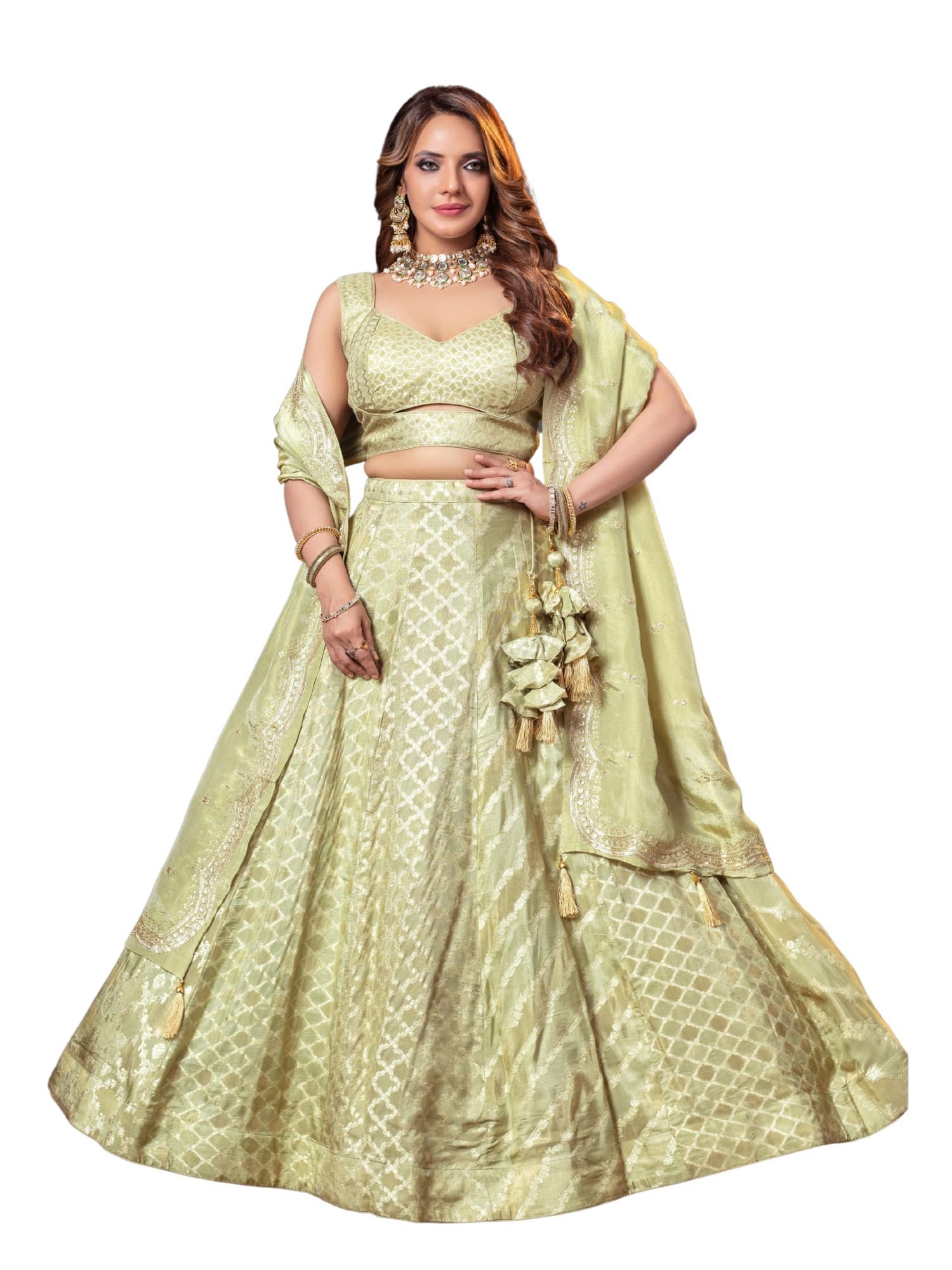 ADHIA Women's Banarasi Silk Lehenga, Dupatta & Blouse Set | Traditional Wear Lehenga Choli for Women (Light Green, L) - Image 3