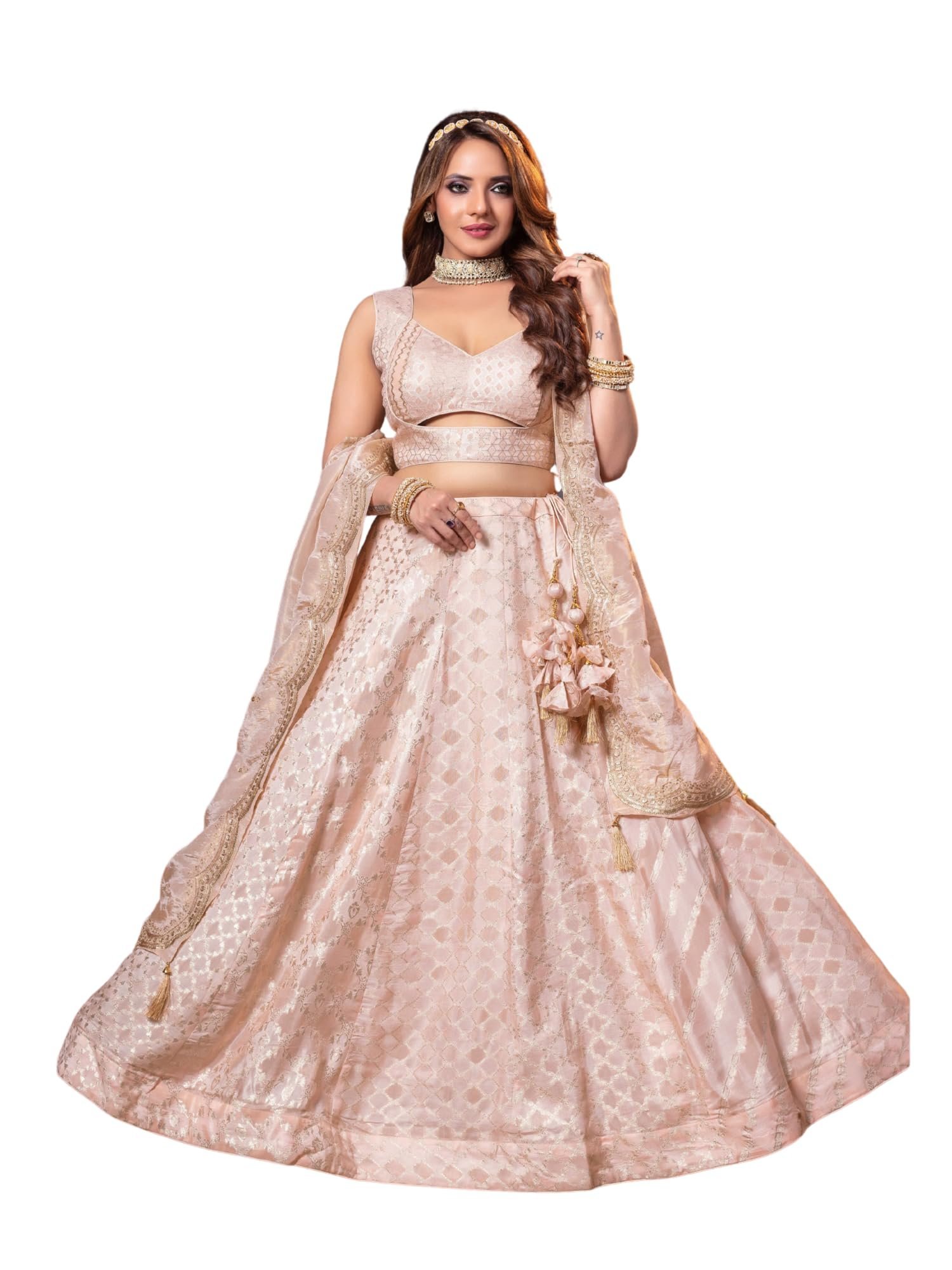 ADHIA Women's Banarasi Silk Lehenga, Dupatta & Blouse Set | Traditional Wear Lehenga Choli for Women (Light Pink, L)