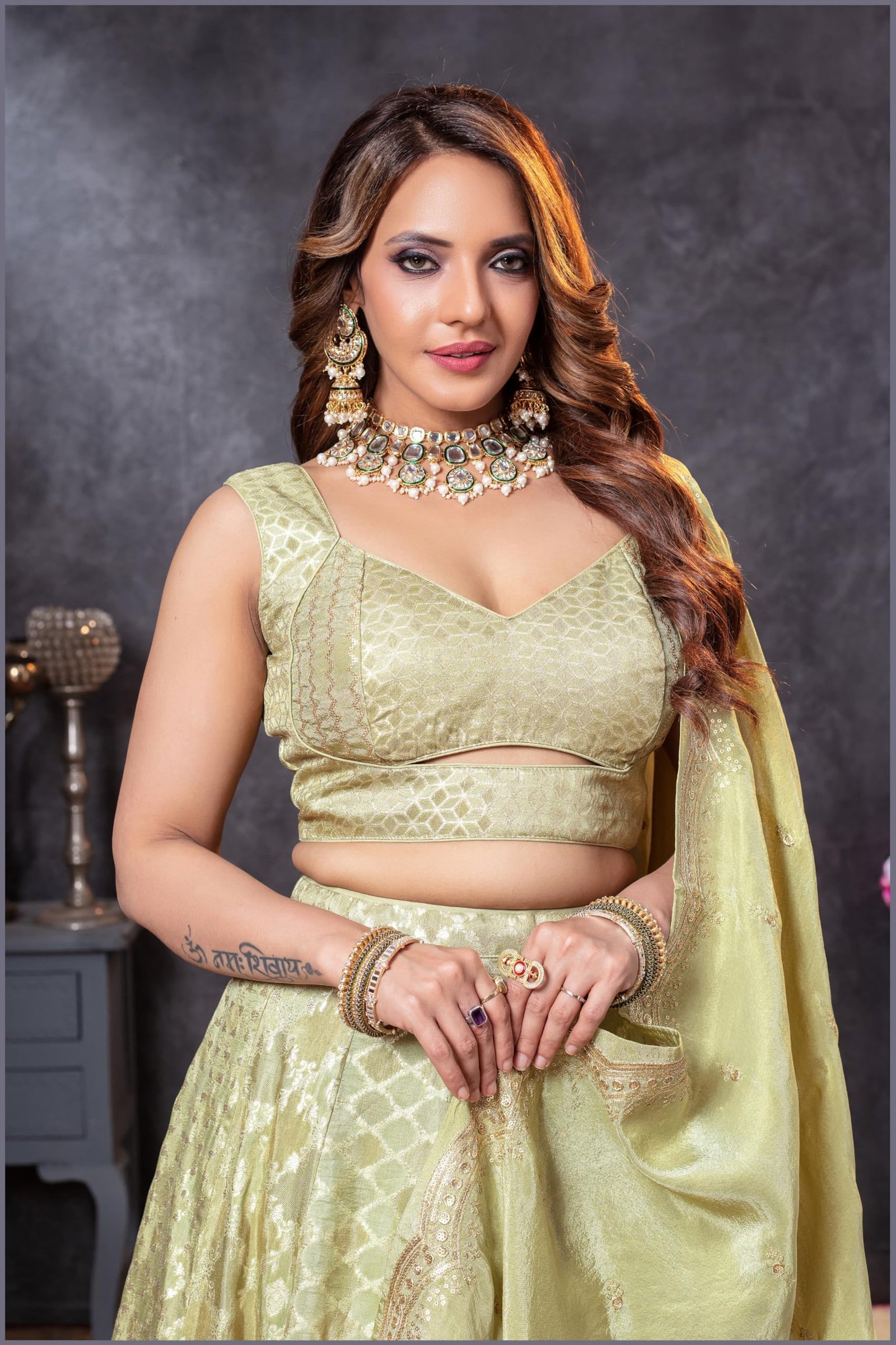 ADHIA Women's Banarasi Silk Lehenga, Dupatta & Blouse Set | Traditional Wear Lehenga Choli for Women (Light Green, L)