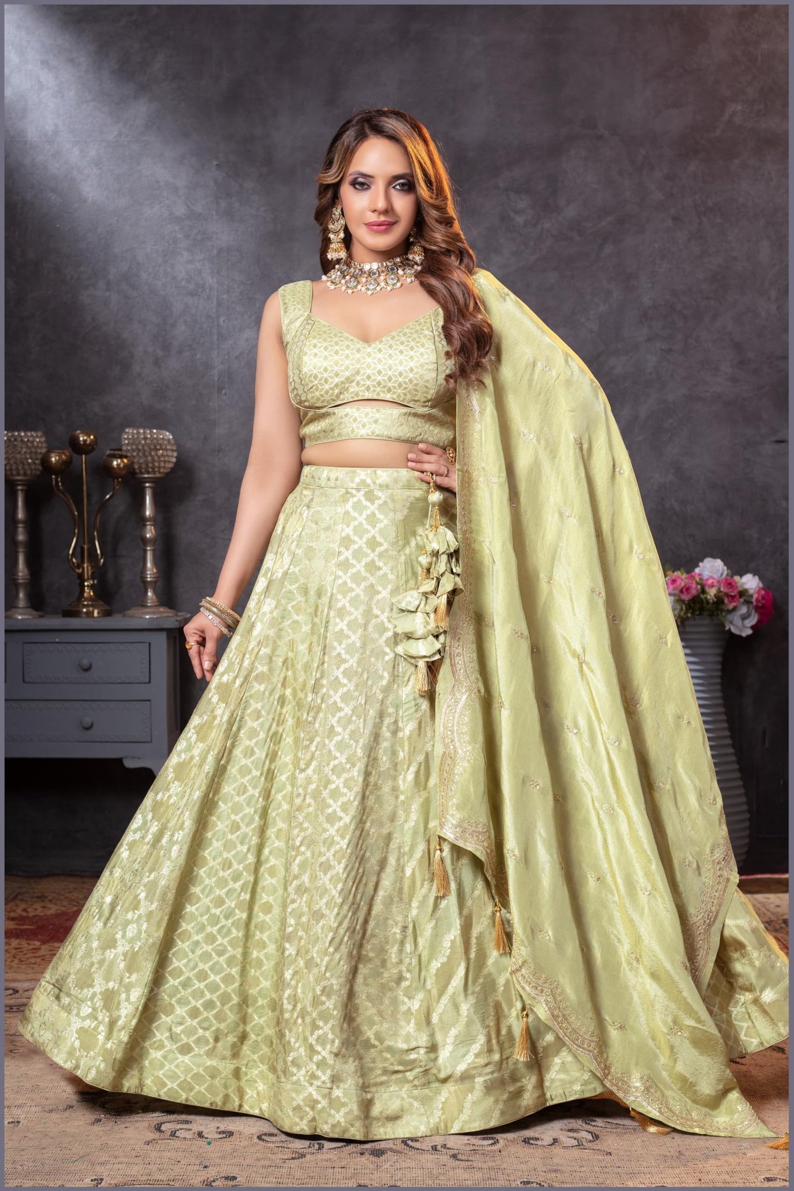 ADHIA Women's Banarasi Silk Lehenga, Dupatta & Blouse Set | Traditional Wear Lehenga Choli for Women (Light Green, L) - Image 4