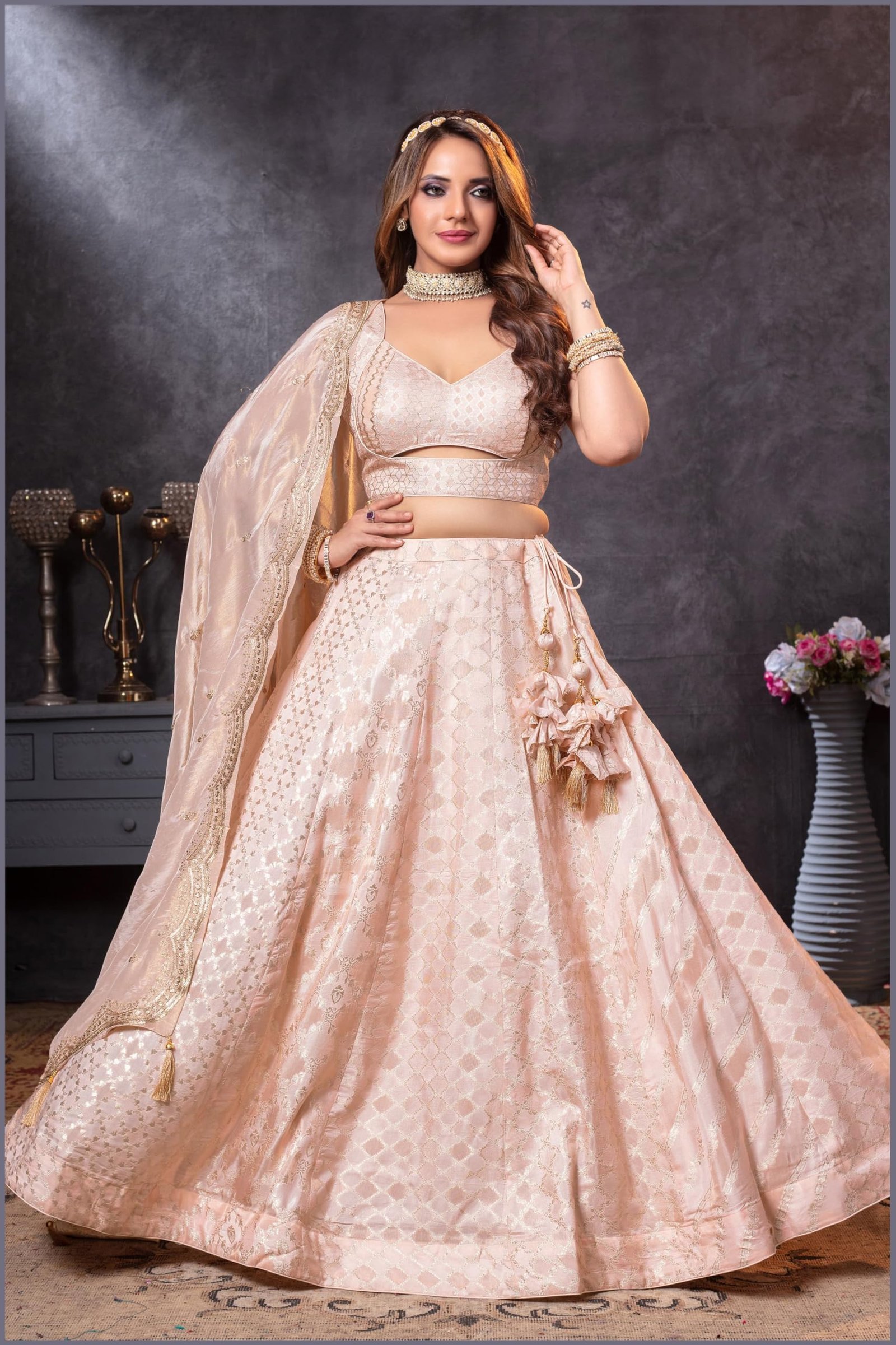 ADHIA Women's Banarasi Silk Lehenga, Dupatta & Blouse Set | Traditional Wear Lehenga Choli for Women (Light Pink, L) - Image 5