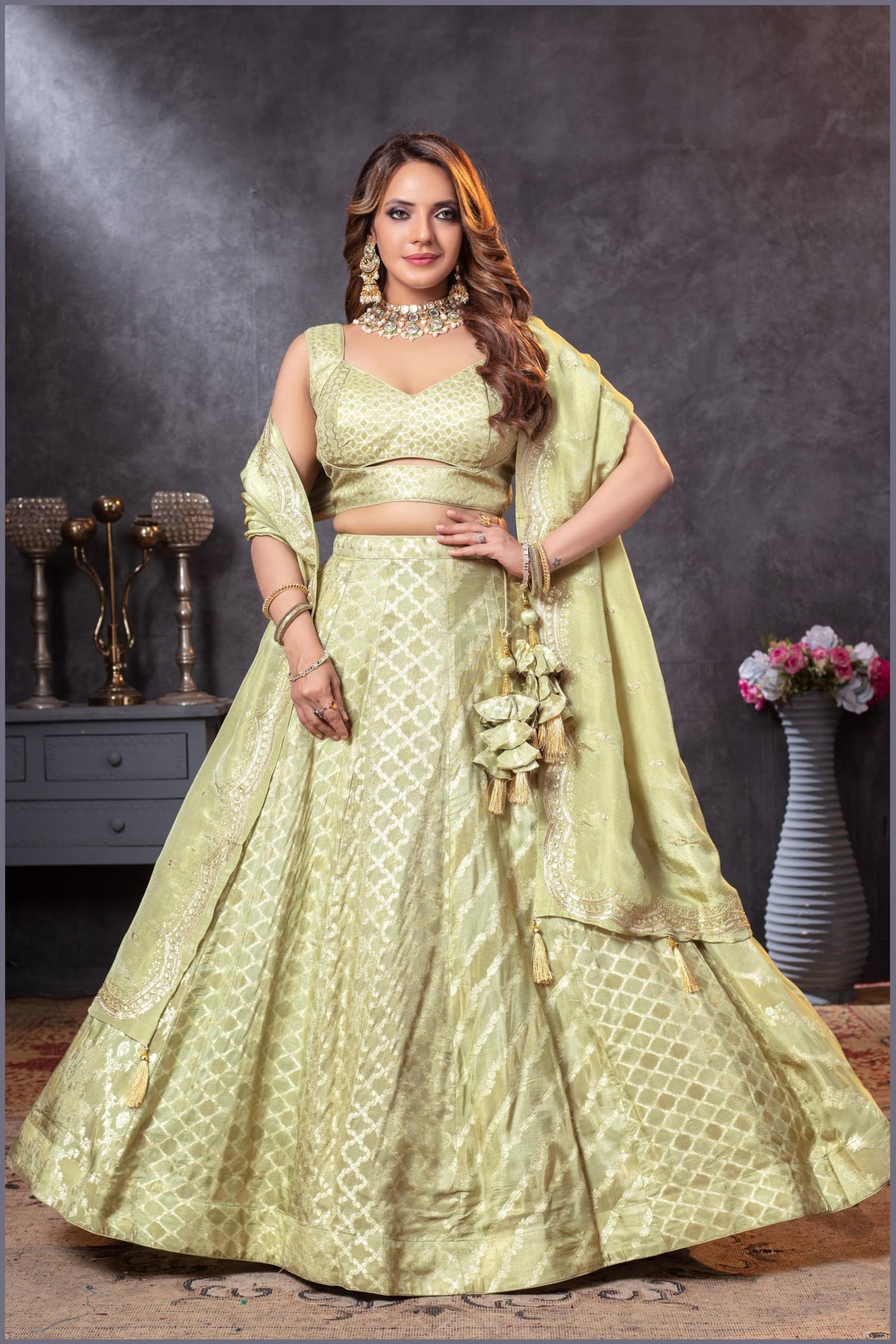 ADHIA Women's Banarasi Silk Lehenga, Dupatta & Blouse Set | Traditional Wear Lehenga Choli for Women (Light Green, L) - Image 2