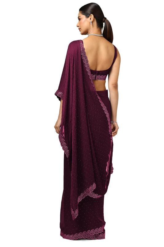 Soch Womens Wine Chiffon Floral Print Saree With Stone Work - Image 6