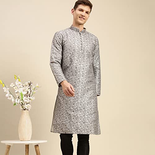Sanwara Men's Grey Embroidered Art Silk Ethnic Kurta - Image 4