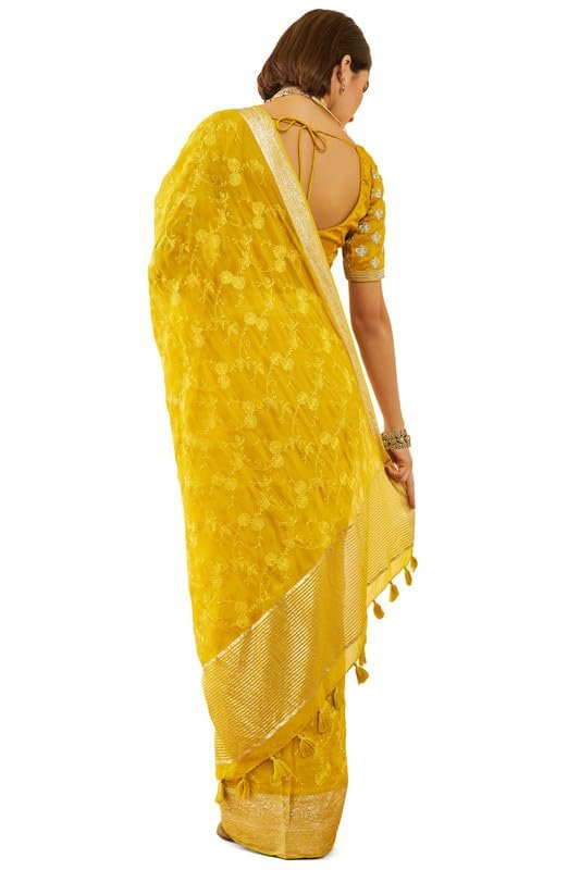 Soch Womens Yellow Organza Embroidered Saree with Thread Work(8907175714638) - Image 5