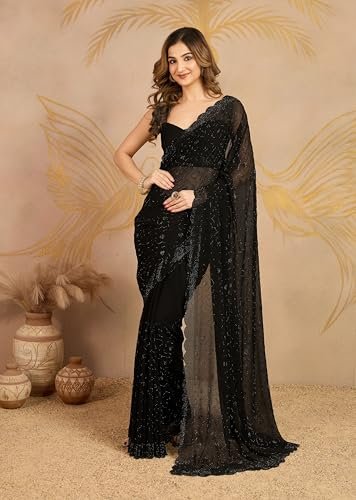 TRENDMALLS Women's Georgette Siroski work Saree with Unstitched Blouse Piece (K1207-Black) - Image 8