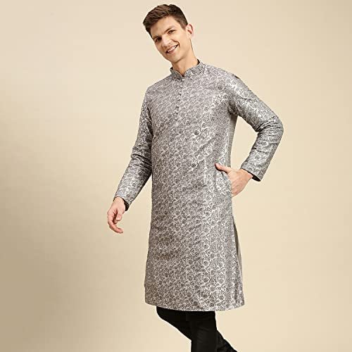 Sanwara Men's Grey Embroidered Art Silk Ethnic Kurta - Image 5