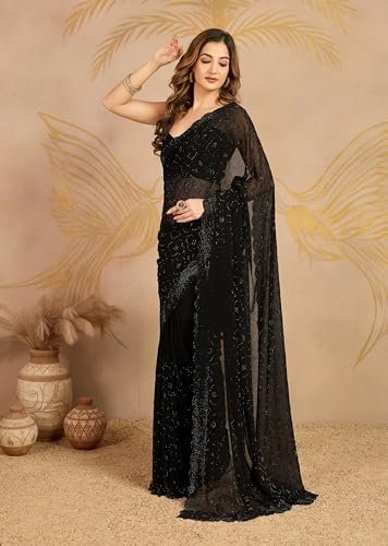 TRENDMALLS Women's Georgette Siroski work Saree with Unstitched Blouse Piece (K1207-Black) - Image 3