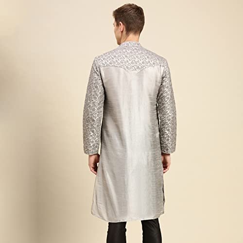 Sanwara Men's Grey Embroidered Art Silk Ethnic Kurta - Image 3