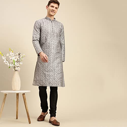 Sanwara Men's Grey Embroidered Art Silk Ethnic Kurta - Image 2