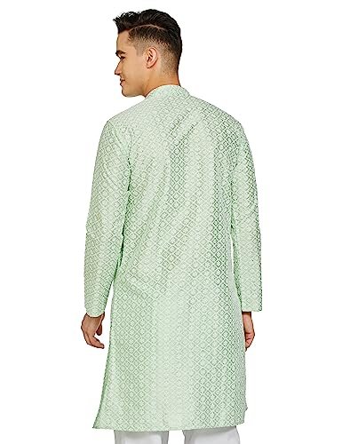 BE ACTIVE Men's Traditional Embroidered Lucknowi Full Sleeves Kurta || Cotton Kurta for Men || Men Kurta for Wedding || Kurta for Men (RFSK0013-KR 15 L) Light Green - Image 4