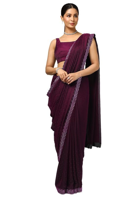 Soch Womens Wine Chiffon Floral Print Saree With Stone Work