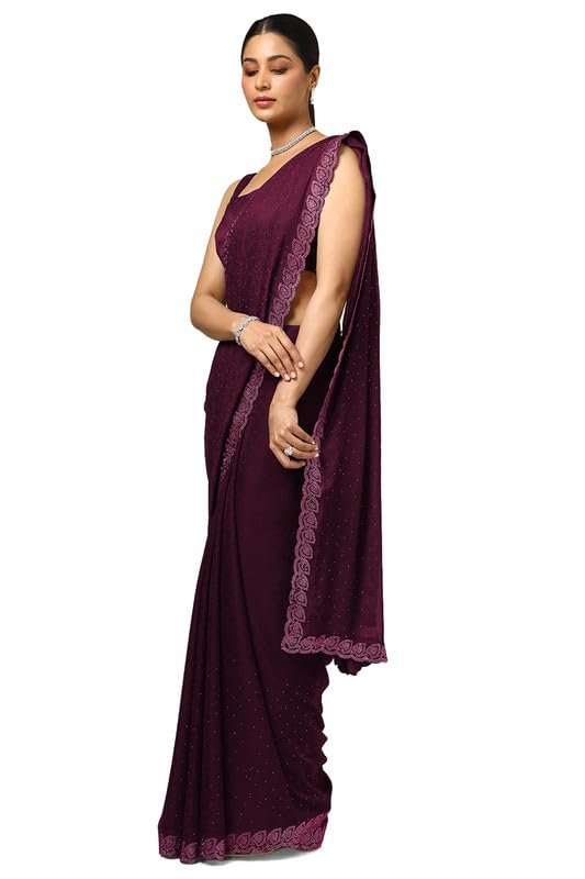 Soch Womens Wine Chiffon Floral Print Saree With Stone Work - Image 7