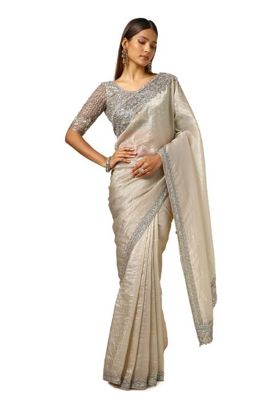 Soch Womens Beige Organza Embroidered Saree With Sequins