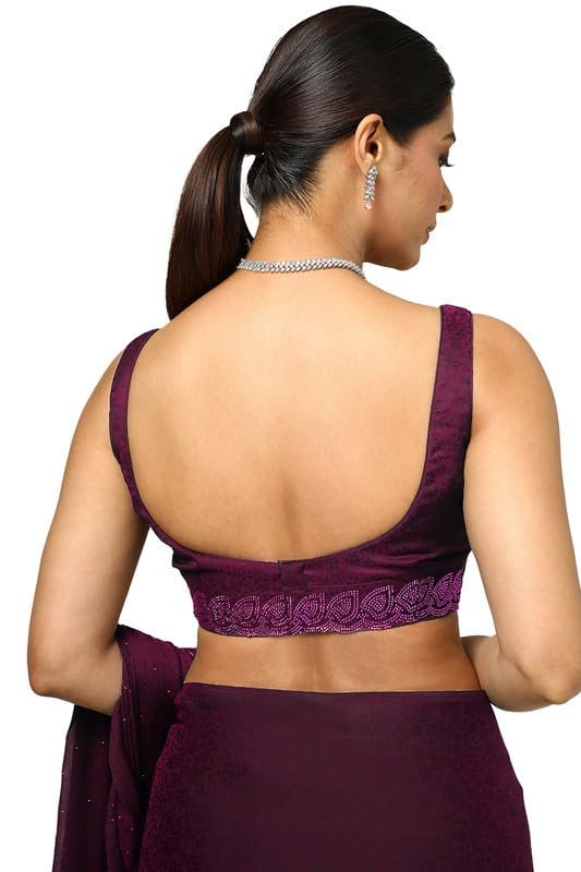 Soch Womens Wine Chiffon Floral Print Saree With Stone Work - Image 2