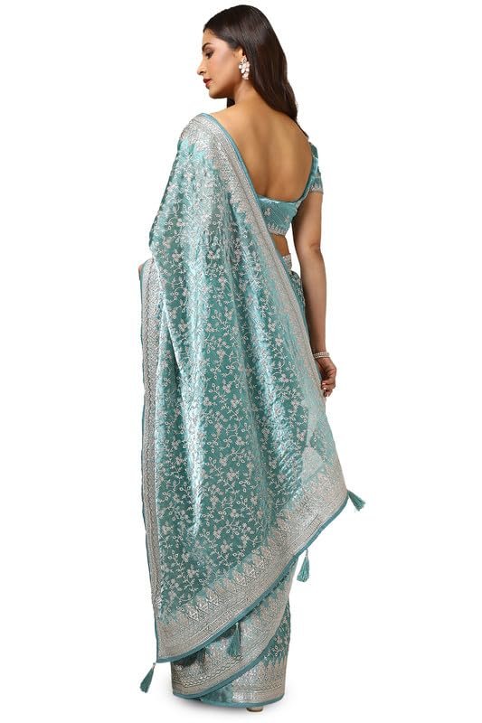 Soch Womens Teal Organza Embroidered Saree With Stone Work - Image 6