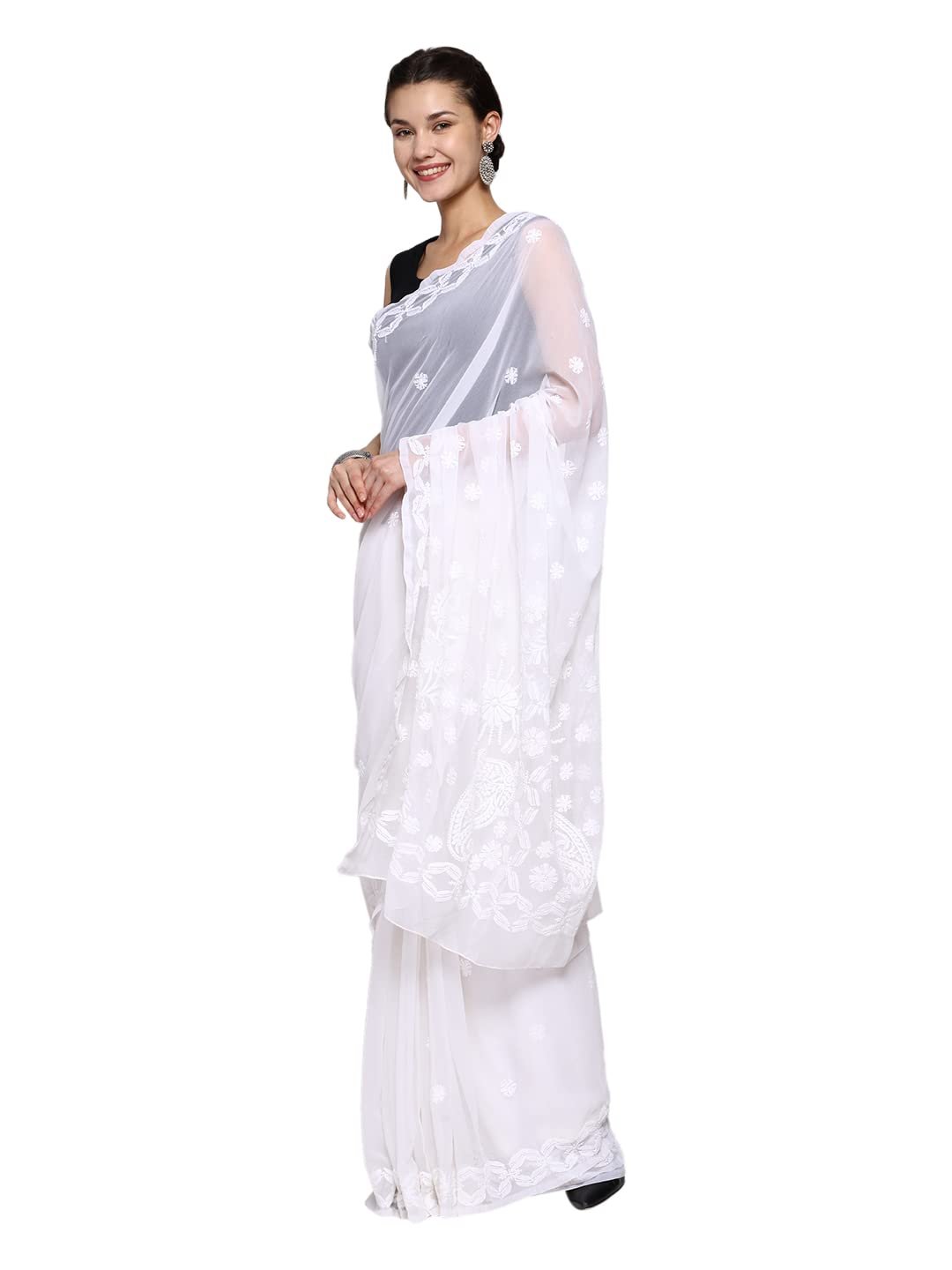 Ada Women Hand Embroidered Lucknowi Chikankari Georgette Saree With Unstitched Blouse Piece A191492, White - Image 3