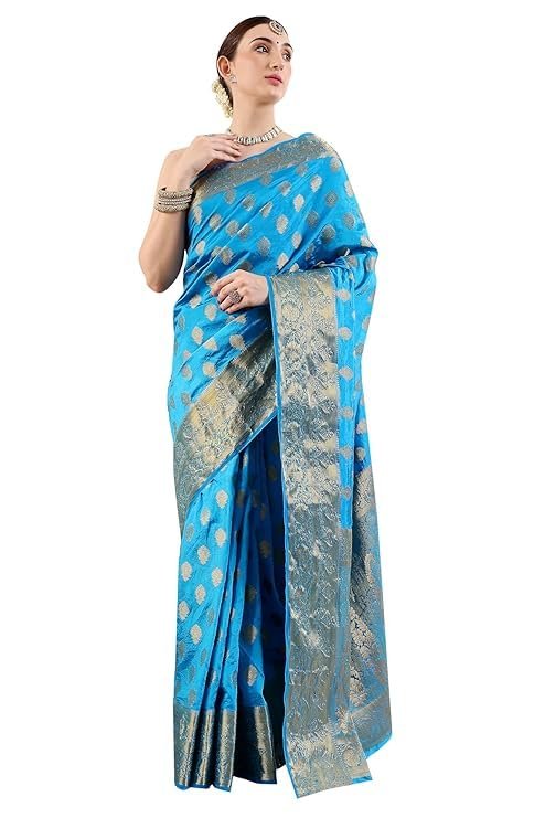 Simnder Women's Banarasi Silk Blue Leaf Print Saree With Golden Zari Work With Blouse Piece | Banarasi Wedding Silk Saree For Women | Bridal Sarees (Blue, Leaf Print)
