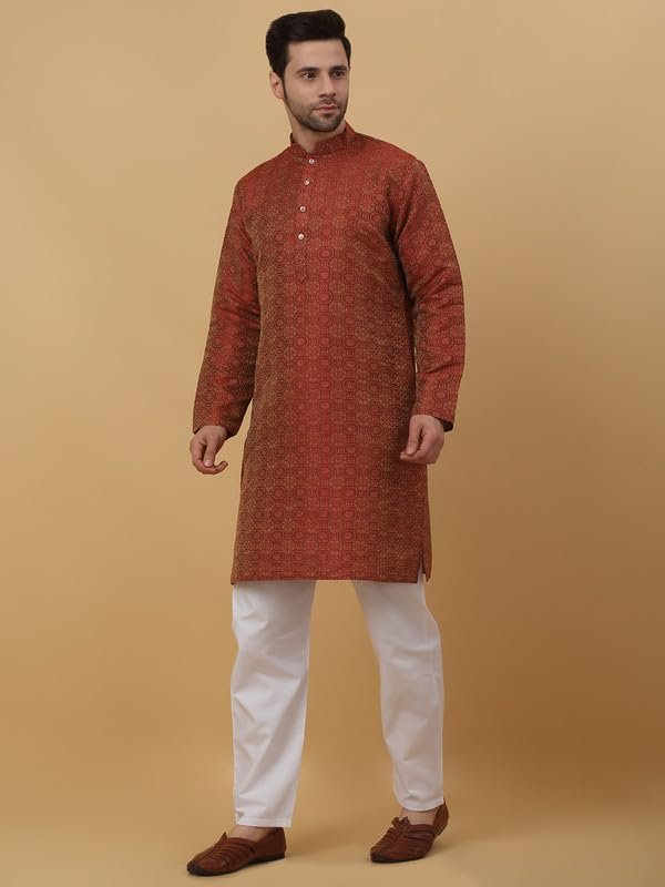 KRAFT INDIA Men's Silk Blend Jacquard Bandhani Maroon Kurta Only (Size- Large) - Image 6