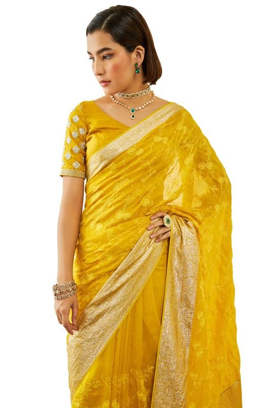 Soch Womens Yellow Organza Embroidered Saree with Thread Work(8907175714638) - Image 4