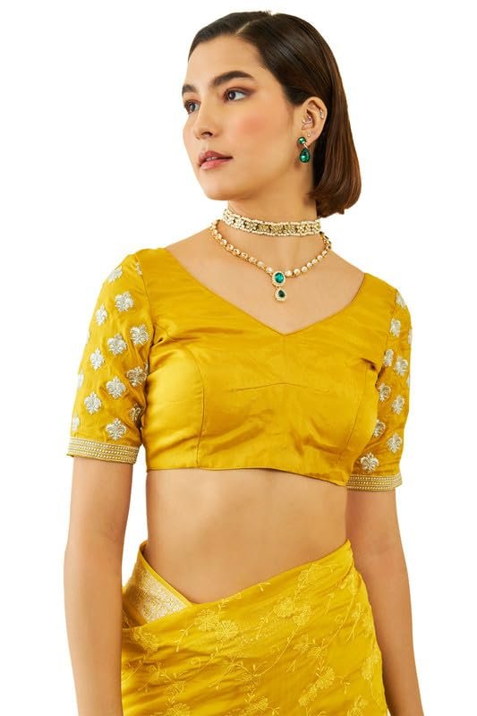 Soch Womens Yellow Organza Embroidered Saree with Thread Work(8907175714638) - Image 3
