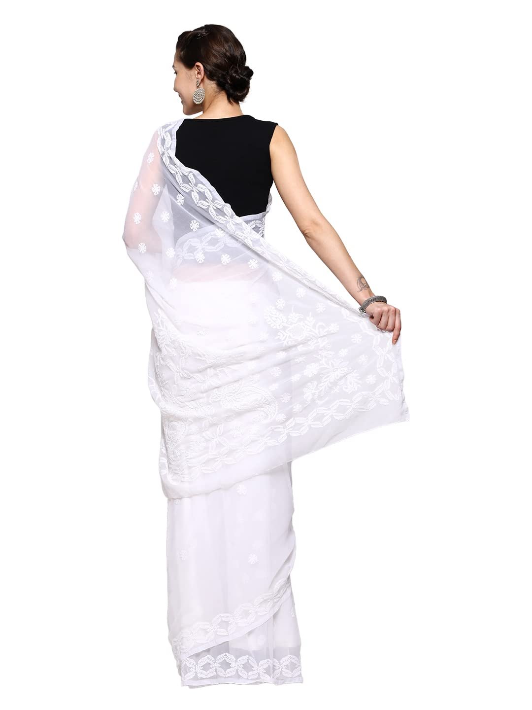 Ada Women Hand Embroidered Lucknowi Chikankari Georgette Saree With Unstitched Blouse Piece A191492, White - Image 6