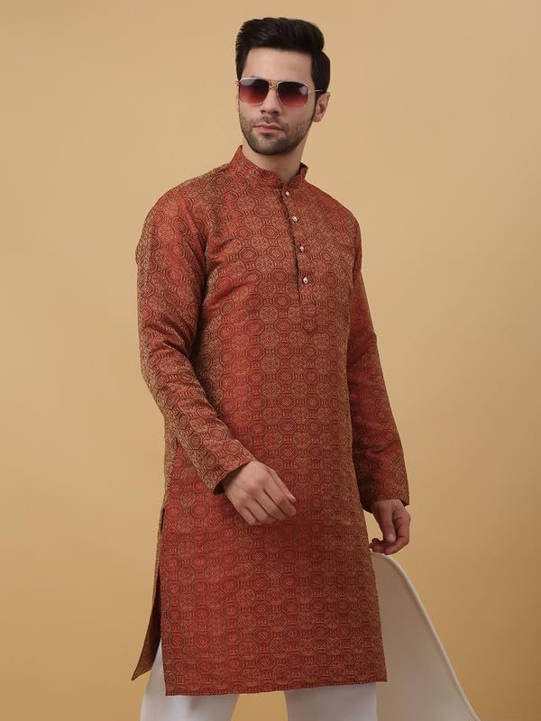KRAFT INDIA Men's Silk Blend Jacquard Bandhani Maroon Kurta Only (Size- Large) - Image 4