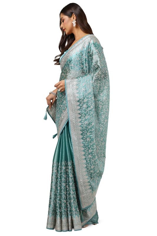 Soch Womens Teal Organza Embroidered Saree With Stone Work - Image 7