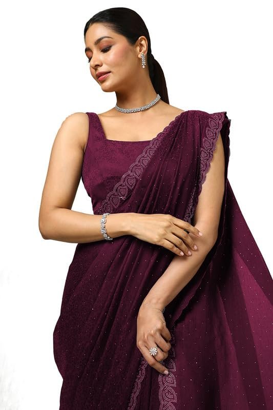 Soch Womens Wine Chiffon Floral Print Saree With Stone Work - Image 5