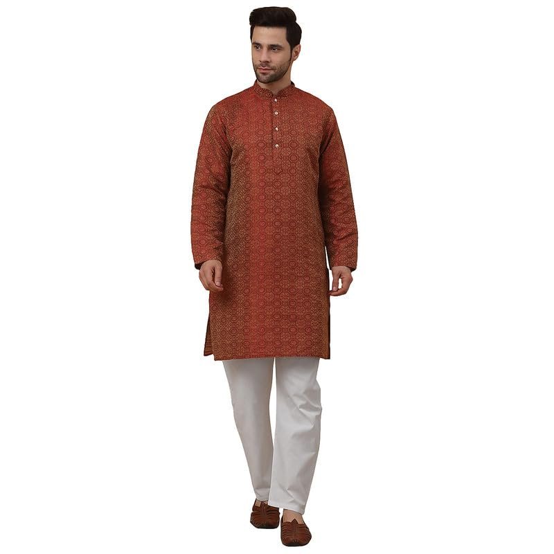 KRAFT INDIA Men's Silk Blend Jacquard Bandhani Maroon Kurta Only (Size- Large) - Image 8
