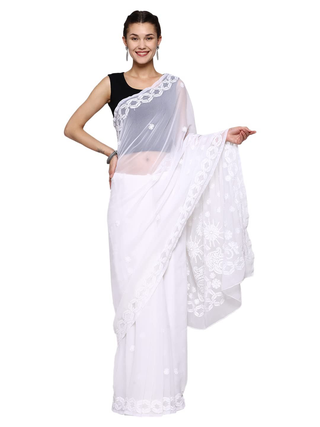 Ada Women Hand Embroidered Lucknowi Chikankari Georgette Saree With Unstitched Blouse Piece A191492, White - Image 2