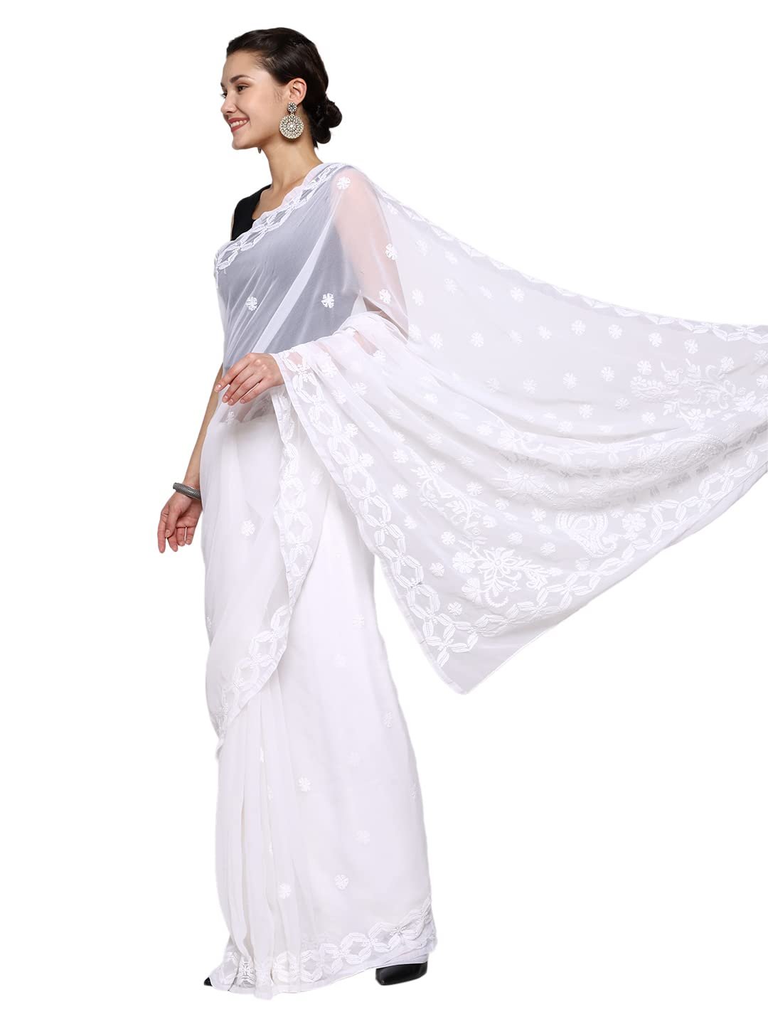 Ada Women Hand Embroidered Lucknowi Chikankari Georgette Saree With Unstitched Blouse Piece A191492, White - Image 5